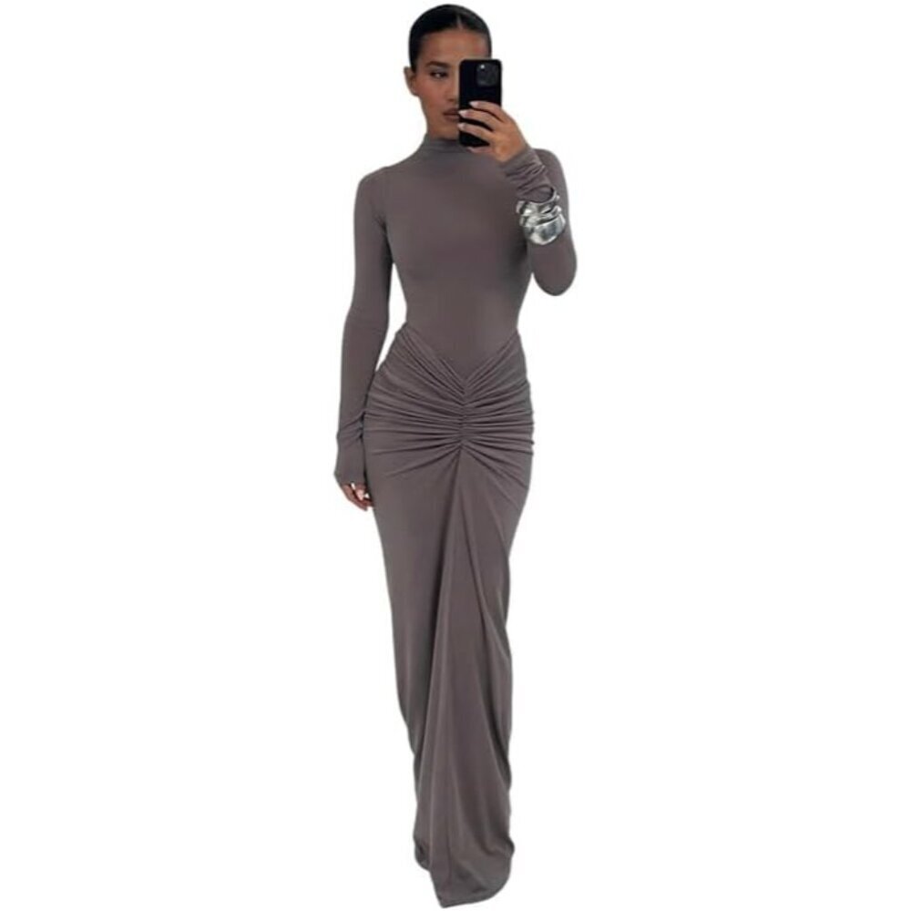 Women's Maxi Dress Long Sleeve Ruched Bodycon Turtleneck Casual Party